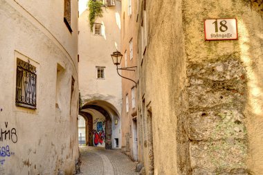 Salzburg, Austria - April 2022 : Historical center in sunny weather
