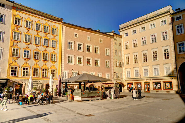 Salzburg, Austria - April 2022 : Historical center in sunny weather