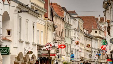 Krems and der Donau, Austria - April 2022 : Historical center in cloudy weather       
