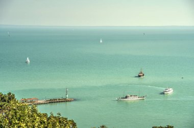 Tihany, Hungary - October 2021 : Picturesque village on Lake Balaton in sunny weather