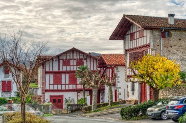 Espelette, France - December 2020: Picturesque village in sunny weather