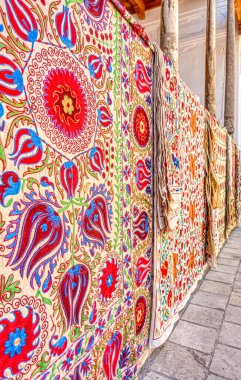 Bukhara, Uzbekistan - October 2019 : Suzani carpets on display