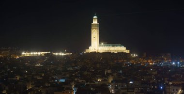 Casablanca, Morocco - November 2021 : Hassan II mosque , Historical center at night, HDR 