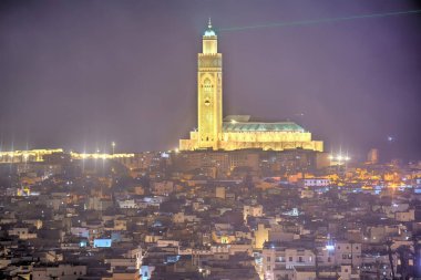 Casablanca, Morocco - November 2021 : Hassan II mosque , Historical center at night, HDR 