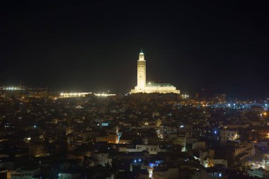 Casablanca, Morocco - November 2021 : Hassan II mosque , Historical center at night, HDR 