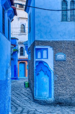 Chefchaouen, Morocco - January 2020 : Historical center of the Blue City in sunny weather