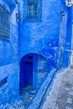 Chefchaouen, Morocco - January 2020 : Historical center of the Blue City in sunny weather