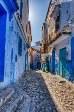 Chefchaouen, Morocco - January 2020 : Historical center of the Blue City in sunny weather