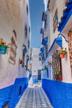 Chefchaouen, Morocco - January 2020 : Historical center of the Blue City in sunny weather
