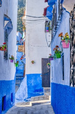 Chefchaouen, Morocco - January 2020 : Historical center of the Blue City in sunny weather