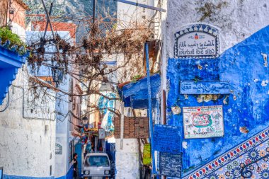 Chefchaouen, Morocco - January 2020 : Historical center of the Blue City in sunny weather