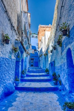 Chefchaouen, Morocco - January 2020 : Historical center of the Blue City in sunny weather