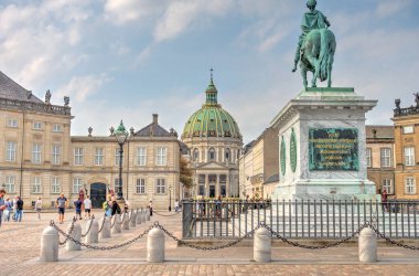 Copenhagen, Denmark - August 2019 : Amalienborg district in sunny weather, HDR Image