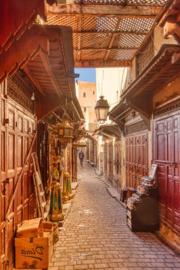 Fez Medina landmarks, Morocco on background