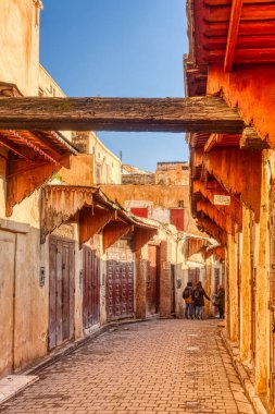 Fez Medina landmarks, Morocco on background