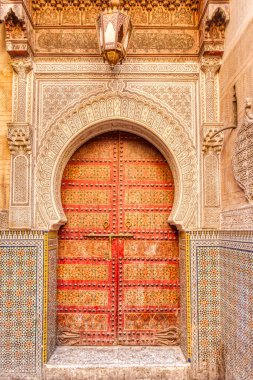 Fez Medina landmarks, Morocco on background