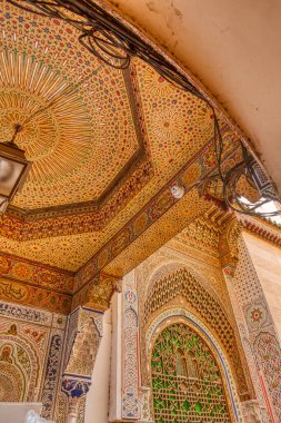 Fez Medina landmarks, Morocco on background