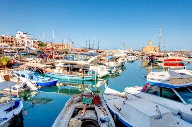 Kyrenia, Cyprus - October 2019 : Old harbour in sunny weather