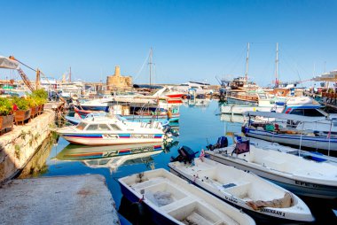 Kyrenia, Cyprus - October 2019 : Old harbour in sunny weather