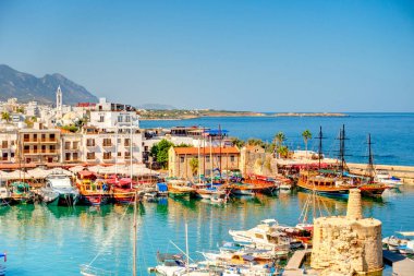 Kyrenia, Cyprus - October 2019 : Old harbour in sunny weather