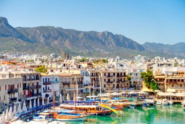 Kyrenia, Cyprus - October 2019 : Old harbour in sunny weather