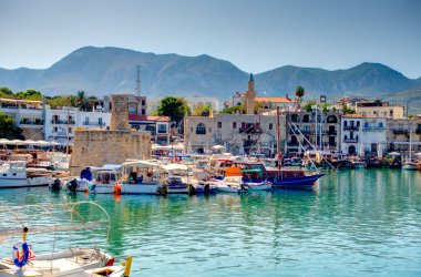 Kyrenia, Cyprus - October 2019 : Old harbour in sunny weather