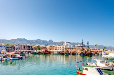 Kyrenia, Cyprus - October 2019 : Old harbour in sunny weather
