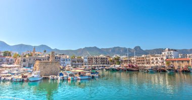 Kyrenia, Cyprus - October 2019 : Old harbour in sunny weather