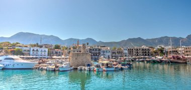 Kyrenia, Cyprus - October 2019 : Old harbour in sunny weather