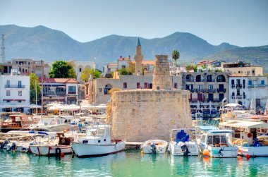 Kyrenia, Cyprus - October 2019 : Old harbour in sunny weather