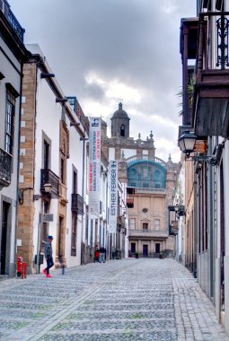 Teror, Spain - February 2020 : Historical center in rainy weather