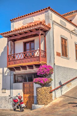 Tejeda, Spain - February 2020 : Picturesque Canarian village in sunny weather,