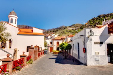 Tejeda, Spain - February 2020 : Picturesque Canarian village in sunny weather,