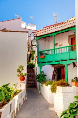 Tejeda, Spain - February 2020 : Picturesque Canarian village in sunny weather,