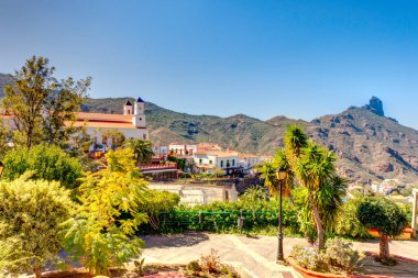 Tejeda, Spain - February 2020 : Picturesque Canarian village in sunny weather,
