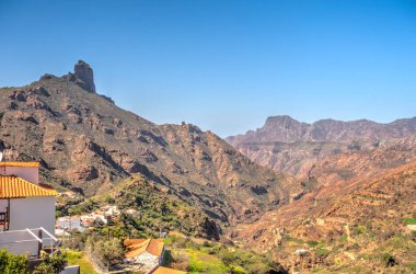 Tejeda, Spain - February 2020 : Picturesque Canarian village in sunny weather,