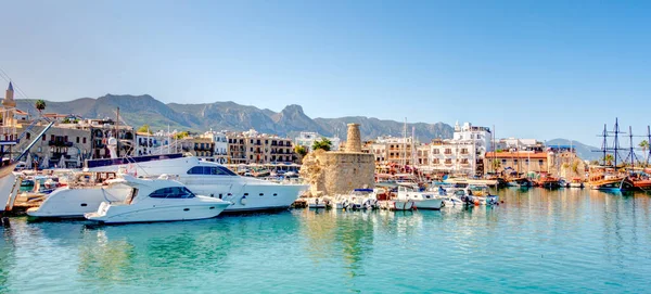 Kyrenia, Cyprus - October 2019 : Old harbour in sunny weather