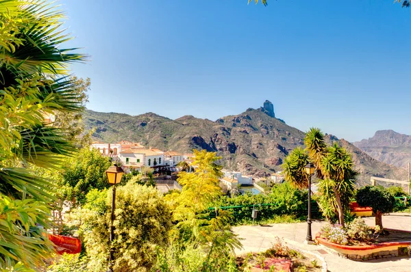 Tejeda, Spain - February 2020 : Picturesque Canarian village in sunny weather,