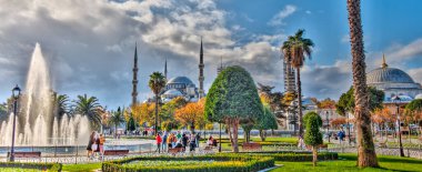 morning view of Fountain on the square near Hagia Sophia Mosque and Blue Mosque in Istanbul, Turkey. 