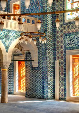 ISTANBUL, TURKEY - JULY 22, 2019: Interior of Istanbul, Yeni Cami or New Mosque,