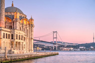 Istanbul, Turkey, October 23, 2019: View of Ortakoy Mosque at the sunset