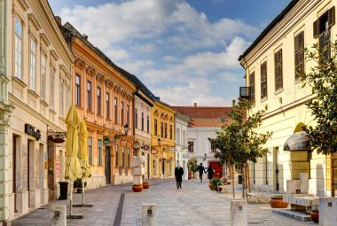 Pecs, Hungary - March 2017: Historical center in cloudy weather, HDR                  