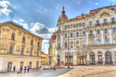 Pecs, Hungary - March 2017: Historical center in cloudy weather, HDR                  