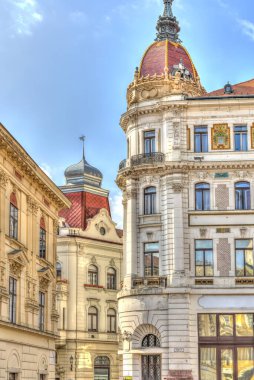Pecs, Hungary - March 2017: Historical center in cloudy weather, HDR                  