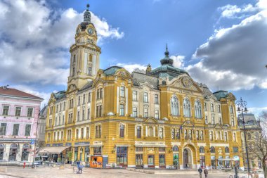 Pecs, Hungary - March 2017: Historical center in cloudy weather, HDR                  