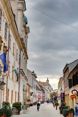 Pecs, Hungary - March 2017: Historical  center in cloudy weather, HDR                  