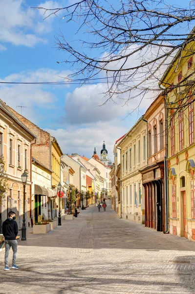 Pecs, Hungary - March 2017: Historical center in cloudy weather, HDR                  