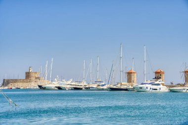 Lindos, Greece - September 2021 : Historical village in sunny weather