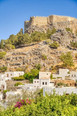 Lindos, Greece - September 2021 : Historical village in sunny weather