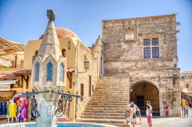 Lindos, Greece - September 2021 : Historical village in sunny weather